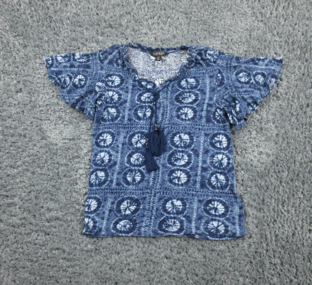 Lauren Ralph Lauren Shirt Womens Small Blue Geometric Short Sleeve Tasseled